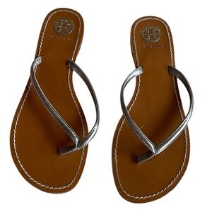 Tory Burch Terra Thong Sandals metallic leather strap logo-embossed footbed
